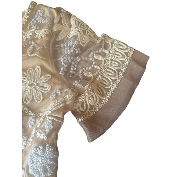 Sundance Beige Tan Embroidered V Neck Short Sleeve Cocktail Dress Size Petite La - Picture 4 of 6